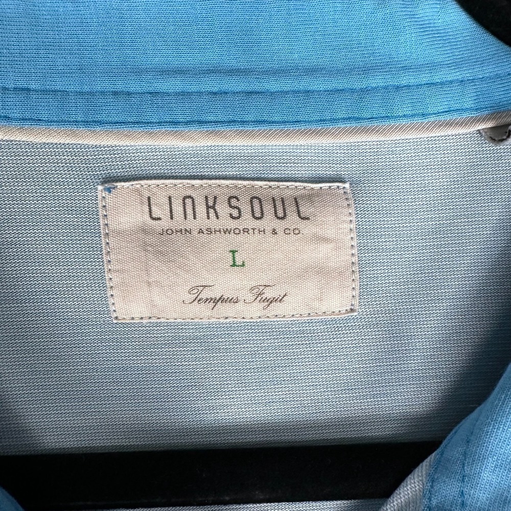 LinkSoul Tempus Fugit Golf Polo Shirt Men's L Light Blue Striped Short Sleeve - Picture 2 of 10